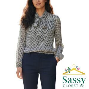 Max Studio Black White Semi Sheer Tie Neck V Neck Top Smocked Shoulders M